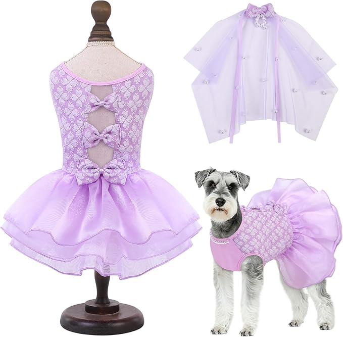 ASENKU Dog Dress, Dog Wedding Dress, Pet Lace Princess Dress with Bows for Wedding Birthday Party, Puppy Formal Apparel with Pearl Necklace for Large Dogs (Purple, XX-Large)