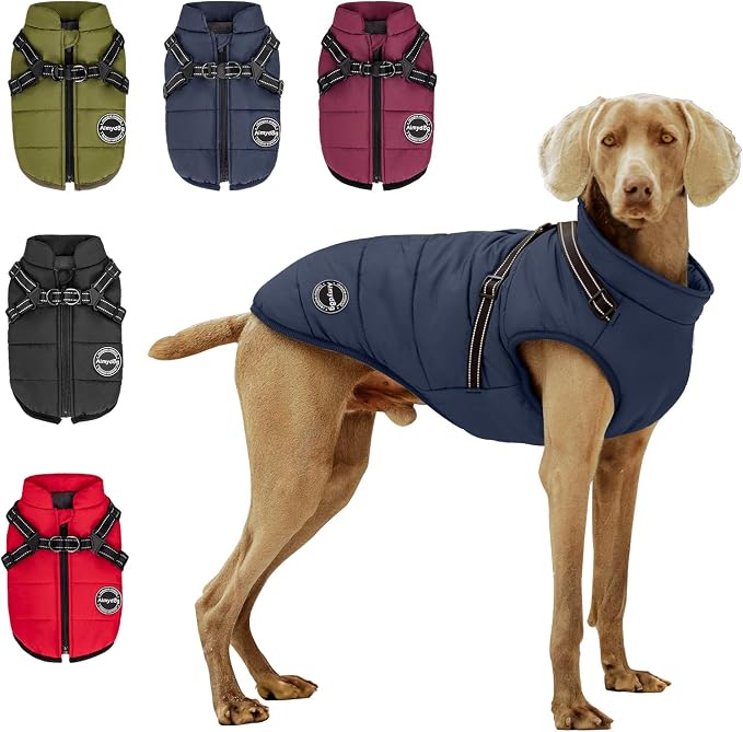 Warm Dog Winter Coat, Dog Cold Weather Jacket with Built-in Harness, Reflective & Adjustable Comfortable Pet Vest, Windproof Apparel for Small Medium Large Dogs (Navy)