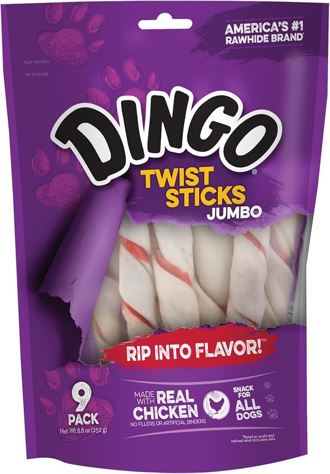 Dingo Jumbo Twist Sticks, Rawhide for Dogs, Made with Real Chicken, 9 Count