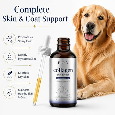 Liquid Collagen for Dogs & Cats, Joint Support, Skin & Coat Supplement, Grass-Fed Collagen with Biotin, Vitamin C & Hyaluronic Acid, Itchy Skin Support, 4 Fl Oz
