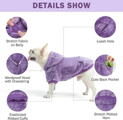 SCENEREAL Fleece Dog Sweaters Hoodie for Small Medium Large Dogs Girls Boys, Plush Fuzzy Dog Clothes Hoodies with Leash Hole, Winter/Fall Puppy Cold Weather Coat, Sherpa Hooded Sweatshirt, Purple ML