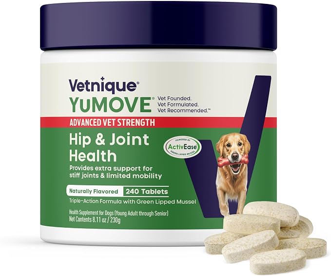 YuMOVE Dog Hip & Joint Supplement, Regular or Advanced Strength - ActivEase Green Lipped Mussel, Glucosamine, Hyaluronic Acid & Omega 3 - Chewable Tablets (240ct Chewable Tablets, Advanced Strength)
