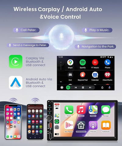 Wireless Carplay Android Auto Double Din Car Radio Stereo, 7 inch IPS Touchscreen Radio, 2 Din Car Radio Bluetooth, SWC, Backup Camera, Mirror Link, FM EQ, Type-C USB Fast Charging, Video Playback