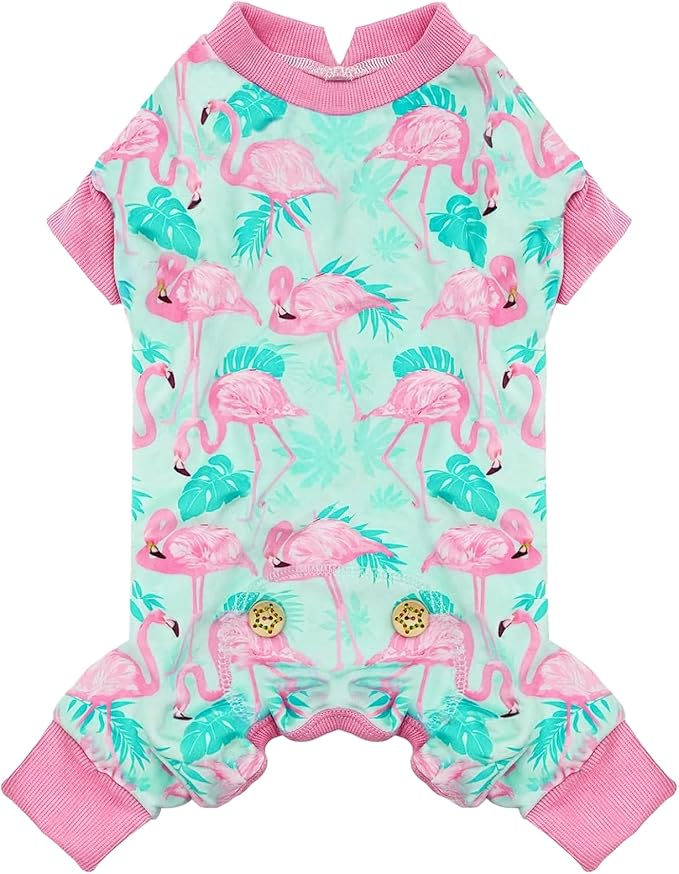KYEESE Dog Pajamas Stretchy Pet Jammies Coat Comfy Pet Onesie Costume Velvet Dog Pajamas Small Sized Dogs Soft Dogs Clothes Pjs with Flamingo Pattern, Large