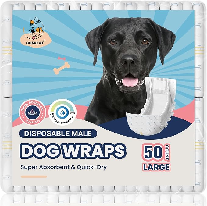 Dog Diapers Male Large 50 Ct, Super Absorbent Male Dog Wraps with Wetness Indicator, Soft Pearl Weave Non-Woven Fabric, Fit for Golden Retriever, Labrador, Husky