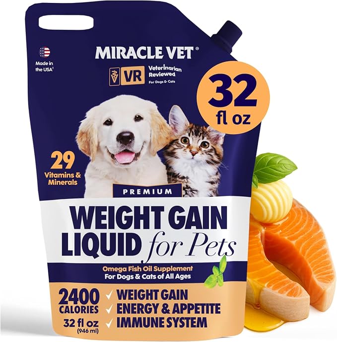 MIRACLE VET High-Calorie Weight Gainer for Dogs & Cats - Multivitamin Nutritional Supplement Gel, Omega Fish Oil, Calcium - Puppy, Senior, Prenatal Cat & Dog Vitamins, Supplements for Weight Gain