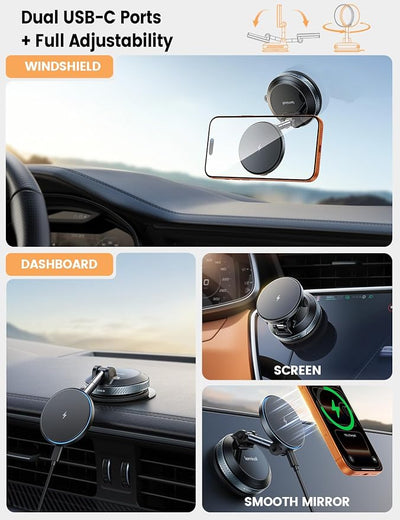Lamicall 15W for MagSafe Car Mount Charger - Dual USB-C Ports, Magnetic Phone Holder for Car, Magnetic Wireless Car Charger, Vacuum Suction Cup Phone Mount for iPhone 17 Pro Max 16 15 Truck Jeep Black