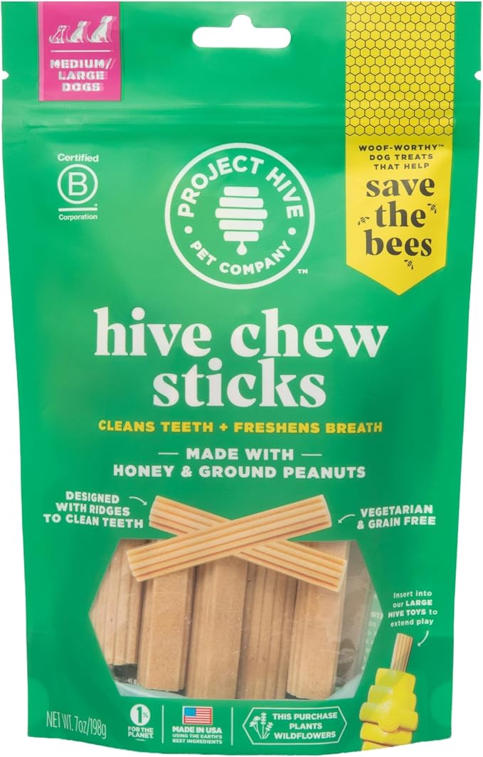 Hive Chew Sticks - Dental Treats for Dogs - Vegetarian, Made with Ground Peanuts & Honey, No Grain or Soy, Cleans Teeth & Freshens Breath (7 oz, Large Dogs - Peanut Butter)