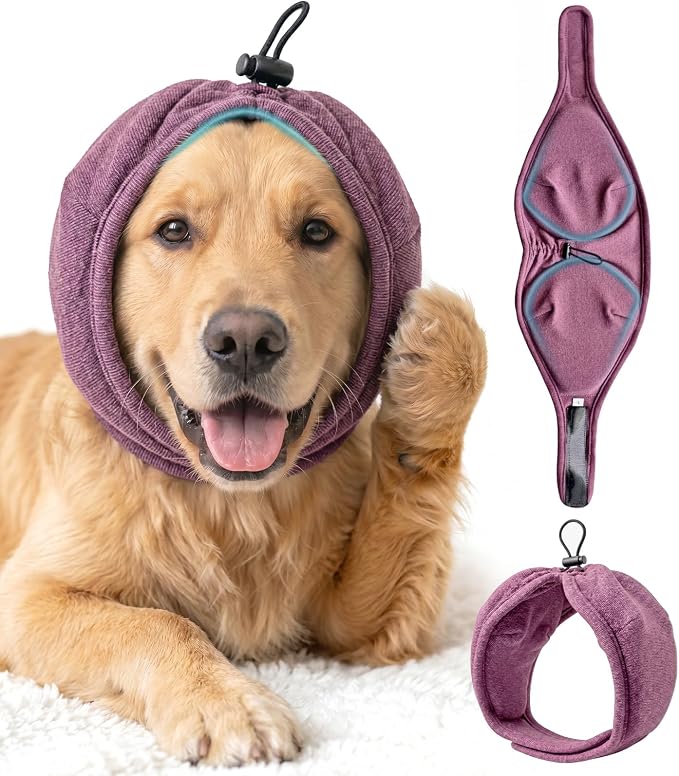 Swooflia Dog Ear Muffs Cover - Dog Cat Ears Muffs for Bath Noise Protection Calming Cold Weather Anxiety Relief, Dark Red Medium Adjustable Top for Grooming Bathing Fireworks and Travel M