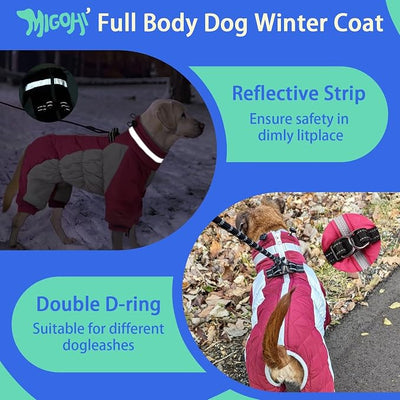 MIGOHI Full Body Dog Coat，Warm Coats for Large Dogs | Reflective Winter Coat for Dogs with Harness,Turtleneck Dog Snowsuit with Legs,Windproof Pet Fleece Puffer Jacket,XXXL,Rosered