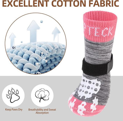 PUPTECK Anti-Slip Dog Socks with Double Sides Grips for Small Medium Large Dogs Hardwood Floors Prevents Licking, Dog Shoes for Hot Pavement Traction Control for Senior Dogs, Grey&Pink S