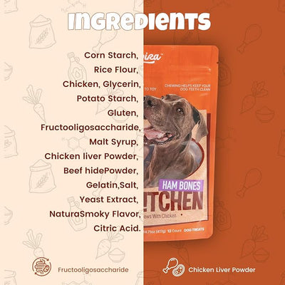 Havira BBQ Dog Treats Ham Bone 12 Count, Grill-Shaped Rawhide Free Dog Chews Bone, Easily Digestible, for All Life Stages