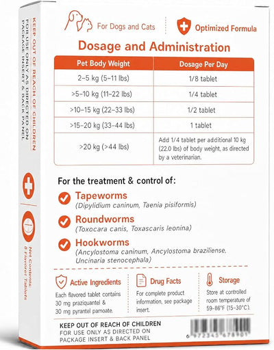 7 Way Dewormer for Dogs & Cats, Oral Treatment of Tapeworm, Roundworm & Hookworm, Dewormer for Large Dogs, Worm Remover (Praziquantel & Pyrantel Pamoate), 8 Tablets