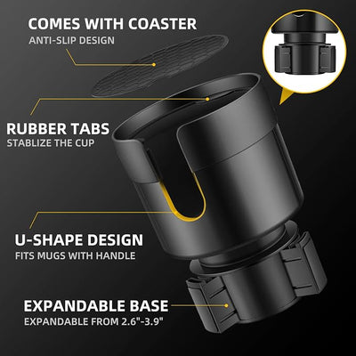 TYKOR Car Cup Holder Expander, Cup Holder Extender for Car with Adjustable Base, Fits Yeti 24/36/46oz, Hydroflask 32/40oz, Large Bottles in 3"-3.9" (16-40oz)