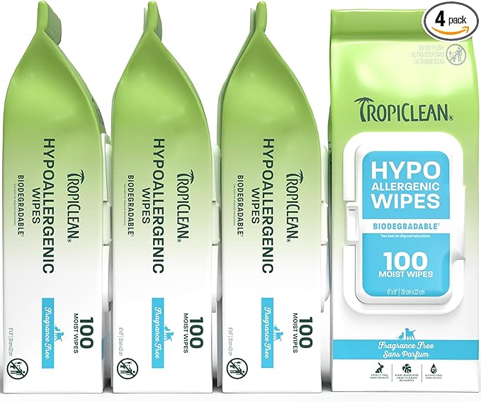 TropiClean Hypoallergenic Dog Wipes for Paws and Bottom | Fragrance Free Dog Grooming Wipes | Safe for The Face | Puppy & Cat Friendly | 400 Count