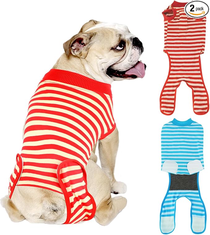 2 Packs Breathable Cotton Dog Recovery Suit for After Neuter Spay Abdominal Wounds Protector, Professional Anti-Licking Onesies for Male Female Pets Surgery Bandages, L Red & Blue Stripes
