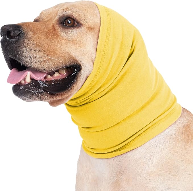 Meifsou Calming Hoodie for Dogs - Stretchy Dog Ear Cover, No Shake Anxiety Head Wrap Quiet Ears, Pet Snoods for Thunder, Lightning, Fireworks, Vet Visits, Grooming, Rabbit Plush Fabric, Yellow M