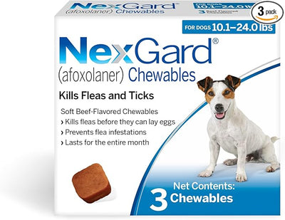 NexGard® (afoxolaner) Flea and Tick Protection for Dogs Oral Soft Beef Flavored Chewables,10.1 to 24 lbs. (Blue Box) 3 Chews (3 Month Supply)
