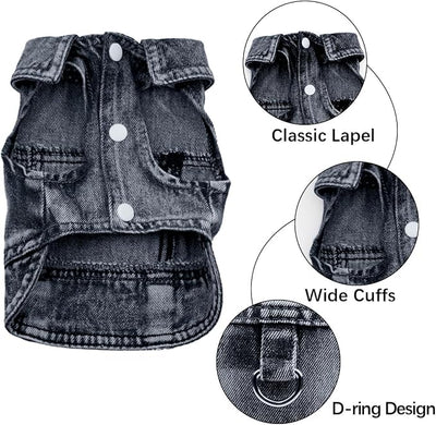 Dog Jean Jacket, Blue Denim Shirt Classic Lapel Vest Coat Costume Puppy T-Shirt, Comfort Tank Top Cool Apparel, Washed Pet Clothes for Dogs Boy Girl (Black with D-Ring, Small)