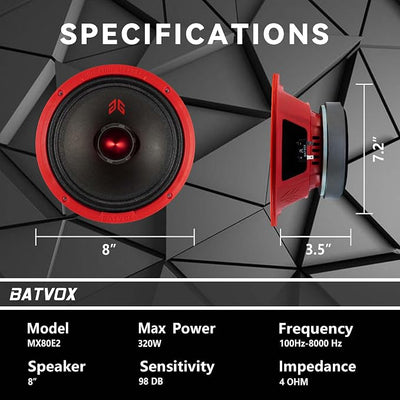 MX80E2 Loudspeaker 8 Inch Midrange 640 Watts 4 Ohms Red Bullet, Premium Quality Audio Door Speakers for Car or Truck Stereo Sound System, Red (2 Speakers)