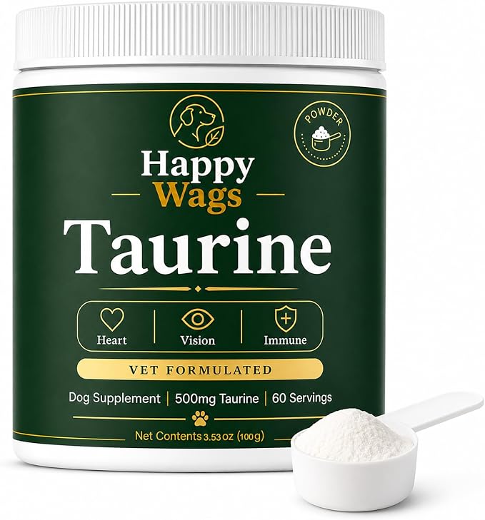 Happy Wags Taurine for Dogs - 500mg Taurine Powder Supplement for Heart, Vision, Immune & Healthy Aging Support, Tasteless Daily Dog Supplement, 100 Grams