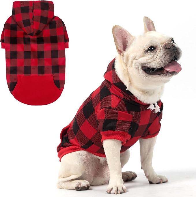KOOLTAIL Dog Christmas Hoodie for Small Medium Large Dogs - Red Plaid Dog Christmas Outfit Sweater with Hat & Pocket for Cold Winter, Warm Soft Hooded Sweatshirt Clothes for Puppy Cats Girls Boys M