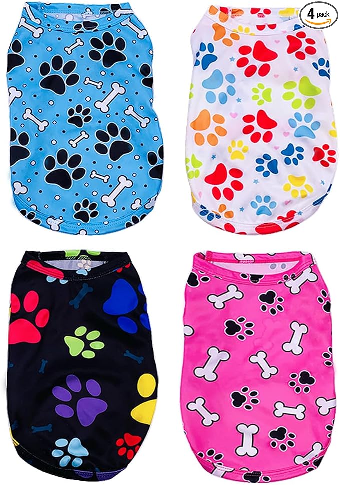 PET SHOW 4 Pack Paw Bone Printed Dog Clothes Shirts Soft Dog Vest Lightweight Sleeveless Cats Doggies T-Shirts Puppies Tank Top Tee Cat Clothes for Small Medium Dogs White Black Pink Blue M