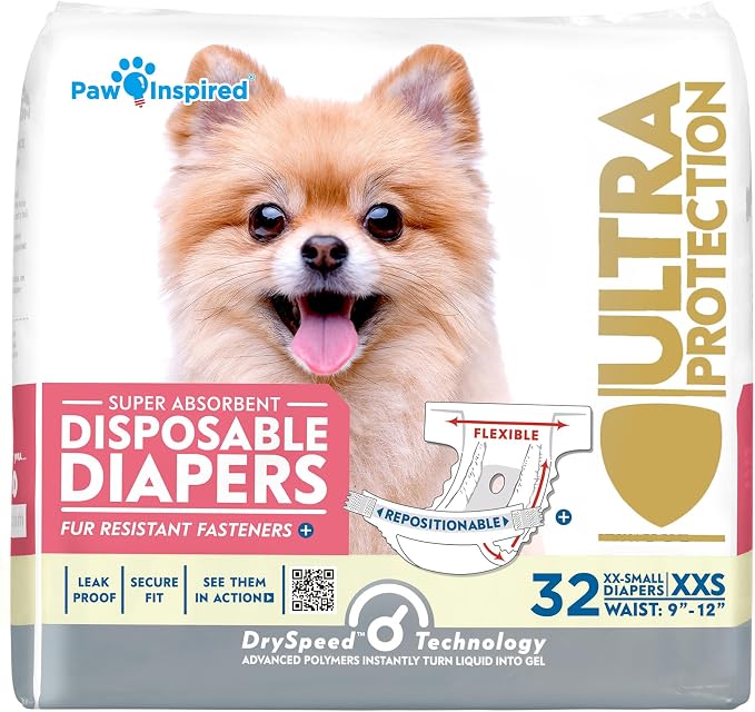 Paw Inspired Disposable Dog Diapers, Female Dog Diapers Ultra Protection, Diapers for Dogs in Heat, Excitable Urination, or Incontinence, XXS 32 Count
