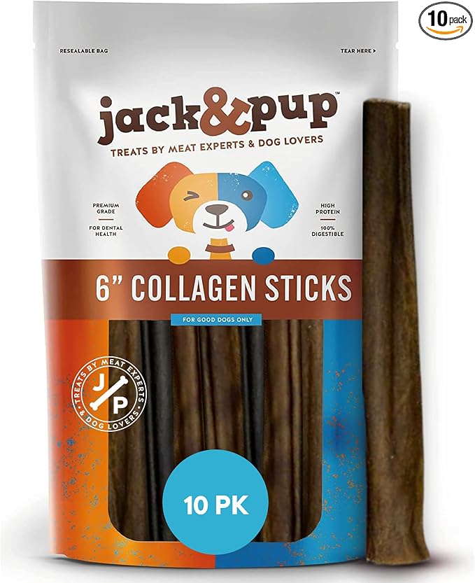 Jack&Pup 6" Beef Collagen Sticks | Rawhide Free, Long Lasting Dog Chews | Healthy Single Ingredient Treats for Medium Dogs | Bully Stick Alternative (10 Pack)