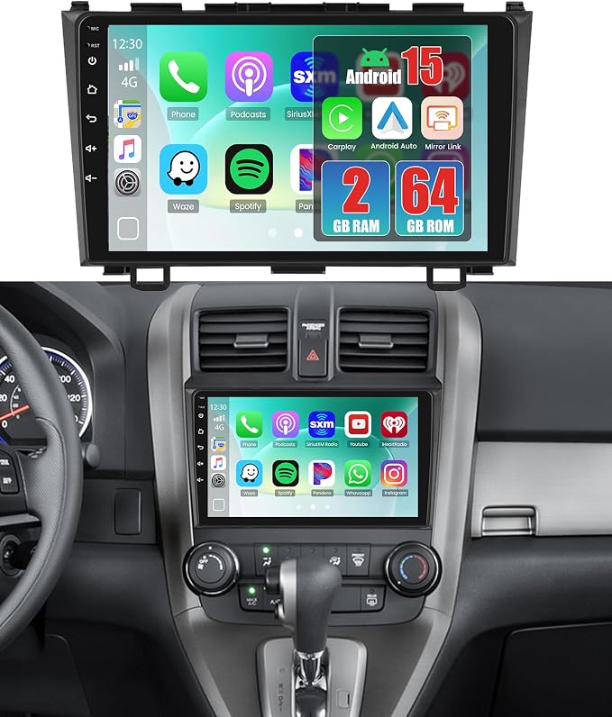Android 15 Car Stereo for Honda CRV 2007 2008 2009 2010 2011, 9 Inch Touch Screen Wireless CarPlay & Android Auto, Bluetooth, 2GB+64GB, WiFi, GPS Navi, FM/RDS, EQ, 26UI, AHD Rear Camera