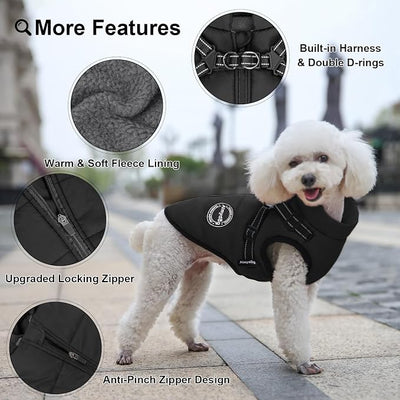 Dog Winter Coat, Warm Dog Jacket Reflective Adjustable Fleece Vest with Harness Built in, Windproof Pet Snow Jacket Snowsuit with Zipper for Small Medium Dogs, Black XS
