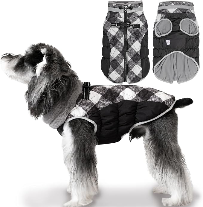 CuteBone Black Checkerboard Cozy Waterproof Thick Dog Winter Coat Doggie Jacket Warm Pet Clothes Comfortable Puffer Dog Vest for Medium Large Dogs with Harness Hole YRFN18L