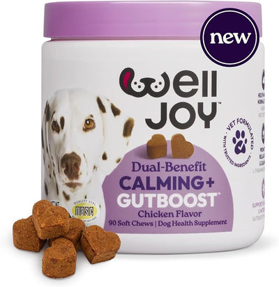New! WellJoy Dog Supplement Calming+ GutBoost | Dog Health Supplement | Promotes Relaxation & Calmness | Dual-Benefit GutBoost Formulation | Vet Formulated | USA Made | Chicken Flavor | 90 Soft Chews
