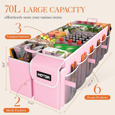 HOTOR Trunk Organizer for suv - Car Organizer, Foldable Trunk organizer for SUVs & Sedans, Sturdy Car Organization for Car Accessories, Tools, Sundries, Pink, 3 Compartments, 31.9"×12.6"×10.6"
