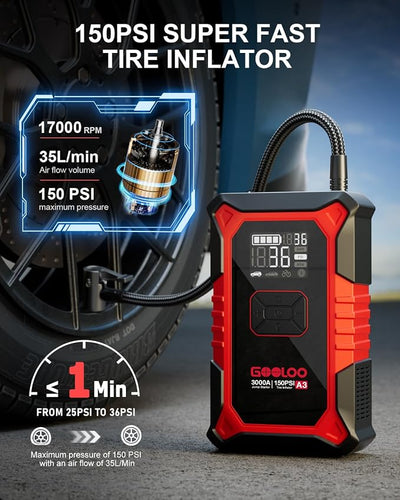 GOOLOO A3 Jump Starter with Air Compressor, 3000A Portable Car Battery Booster (9.0 Gas/6.5L Diesel) with 150PSI Auto-Shutoff Tire Inflator, 12V Supersafe Lithium Jump Box Car Battery Jumper Starter