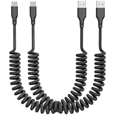 Coiled Car Carplay Charger Fast Charging，[2-Pack, 3Ft] Retractable Braid USB A to USB C Cable for iPhone 17/16/15/Plus/Pro Max/MacBook Pro, Type-C Cord,Black