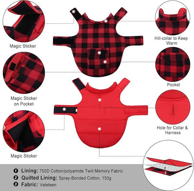 ASENKU Dog Winter Coat, Fleece Doggie Jacket Plaid Reversible Vest Waterproof Windproof Cold Weather Clothes for Small Medium Large Dogs(Red XXXL)
