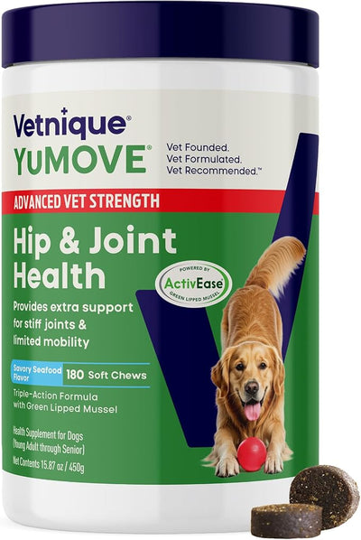 YuMOVE Advanced Vet Strength Hip & Joint Supplement for Dogs - ActivEase Green Lipped Mussel, Glucosamine, Hyaluronic Acid & Omega 3 for Serious Mobility Support (180ct Chews, Advanced Strength)