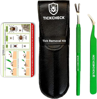 TickCheck Premium Tick Remover Kit - Stainless Steel Tick Remover + Tweezers, Leather Case, and Free Pocket Tick Identification Card (1 Set)