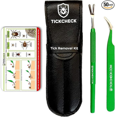 TickCheck Premium Tick Remover Kit - Stainless Steel Tick Remover + Tweezers, Leather Case, and Free Pocket Tick Identification Card (50 Pack)