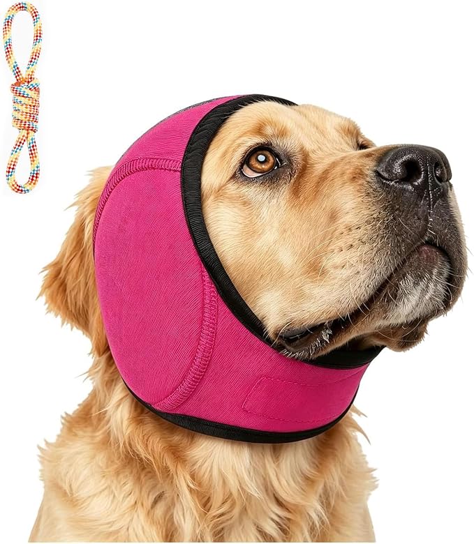 Zenpup Noise Cancelling Ear Wrap, Dog Ear Muffs Noise Protection Firework Thunder Vacuum, Elastic Dog Ear Wrap with Sound-Blocking Rubber Pads, No Shake, Adjustable (Rose red, Medium)