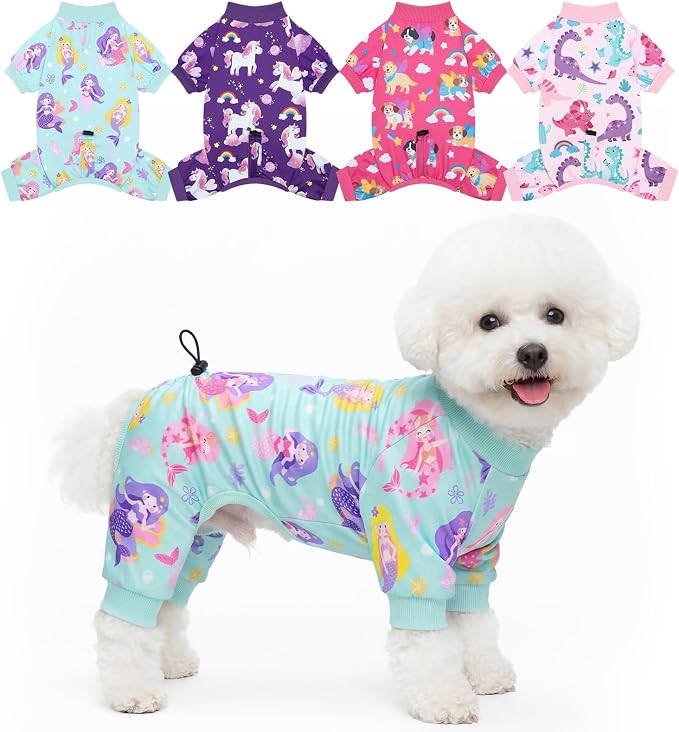 XPUDAC 4 Pack Dog Pajamas for Small Dogs, Cute Puppy Clothes with Drawstring Adjustable, Stretchy Soft Dogs Pjs Onesie Shed Defender Doggie Suit Pet Clothes Girl Outfit, S