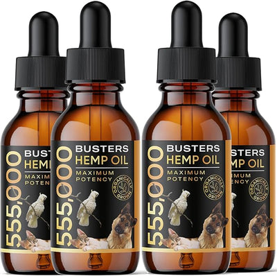 Buster's Organic Hemp Oil for Dogs and Cats, Economy 4PACK-8MTH-Supply, Large 60ml Bottle, Made in USA - Miracle Formula, Perfectly Balanced Omega 3, 6, 9 - Supports Joints