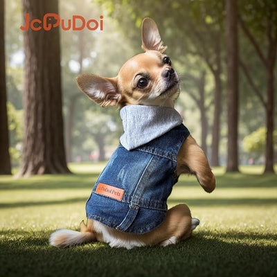Dog Jeans Jacket with Hooded Denim Pet Coat for Puppy Small Dogs Classic Overalls Male Cat Costumes Washed Vest Clothes Outfit T-Shirts(Hoodie Small)