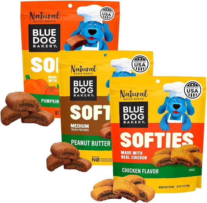 Blue Dog Bakery Softies Variety Pack, Soft & Chewy Peanut Butter, Chicken, & Pumpkin Dog Treats, Healthy Treats, All-Natural Ingredients, Medium Size, 10 Oz (Pack of 3)