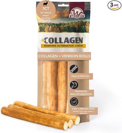 Wild Eats Venison Flavor Collagen Retriever Style Cheek Rolls 10" Dog Chews-3 Pack (Long Lasting Dog Chews Treats & Bones for Medium Dogs) Substitute for Pig Ears for Dogs