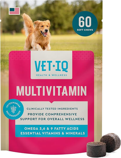 VetIQ Multivitamin Supplement for Dogs, Supports Active Brain Function, Immune System, and Digestive System, Hickory Smoke Flavored Dog Multivitamin, Made in the USA, 60 Count