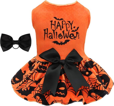CuteBone Halloween Dog Dresses Velvet Holiday Small Dogs Clothes Onesie Pet Apparel Girl Puppy Skirt with Bow Hair Rope