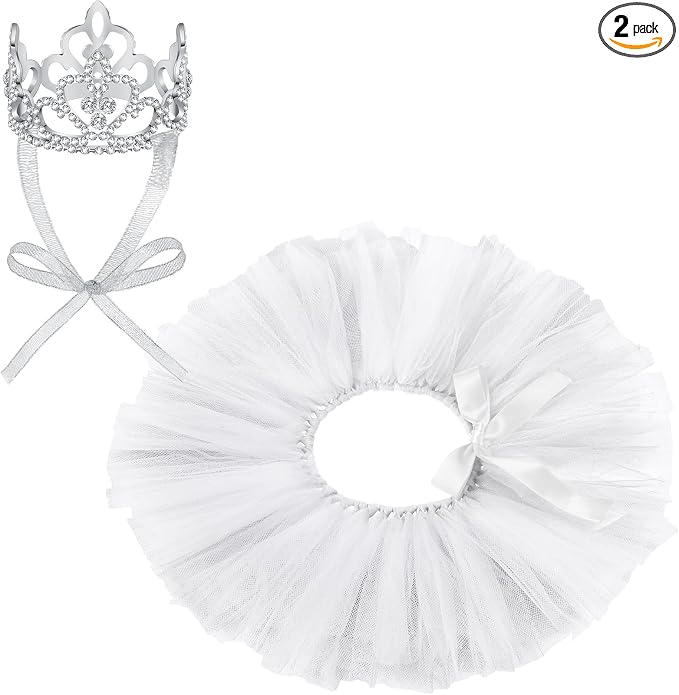 2 Pcs Dog Crown Headband Dog Tutu Dress Set Crystal Rhinestone Tiara Crown Tutu Skirt Pet Dress Costume for Puppy Birthday Party Wedding Photo Prop Costume(Small,White)