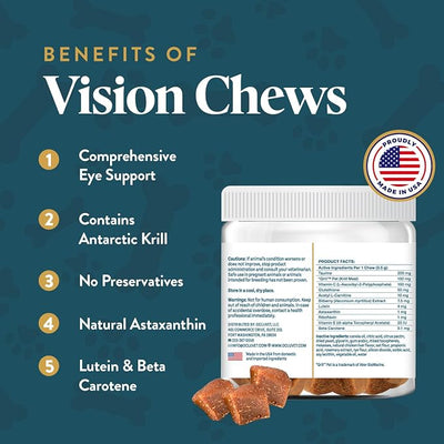 Vision Chews Eye Supplements for Dogs & Cats with Omega 3 Krill, Astaxantin, Choline, Lutein, Glutathione, Cat Vision Supplement & Dog Eye Supplements, Chicken Liver Flavor, 60 Chews, 3.5g Each